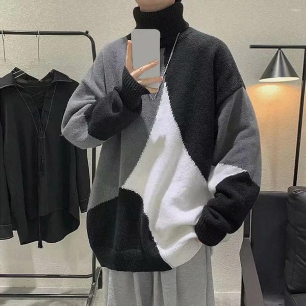Erkek Sweaters Uzun Kollu Kazak Yüksek Yakalı Renk Bloku Örme Blubtleneck Sıcak Kalın Krop Sonbahar Kış Gündelik Erkekler
