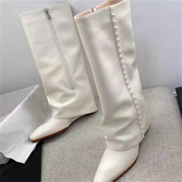 Stivali scarpe perle per signore puntate dita dei pantaloni lunghi zipper late