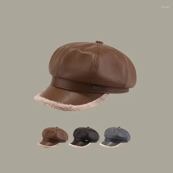 BERETS RETRO PU PELLA PRESO DELLE PRESO OTTAGON HAT Woman Autunno Inverno addensato pittore di moda letterario SBOY