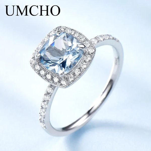 Anéis de casamento UmCHO Aquamarina azul topázio de pedras preciosas anel de noivado de pedra preciosa 925 anéis de prata esterlina para mulheres promessa de casamento jóias finas 231222