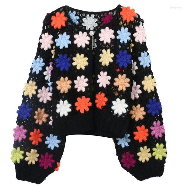 Frauen Strick hochwertige handgefertigte Haken Blume Hohlauslöser Kontrast Farbe Lose Strick -Stricks Jacke 2023 Herbst Frauen Retro -Pullover