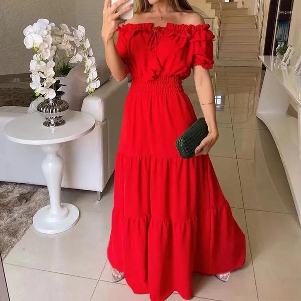 Vestidos casuais 2023 moda e elegante cor de cor sólida, borda de uma linha de pescoço, manga de bolha grande vestido de balanço