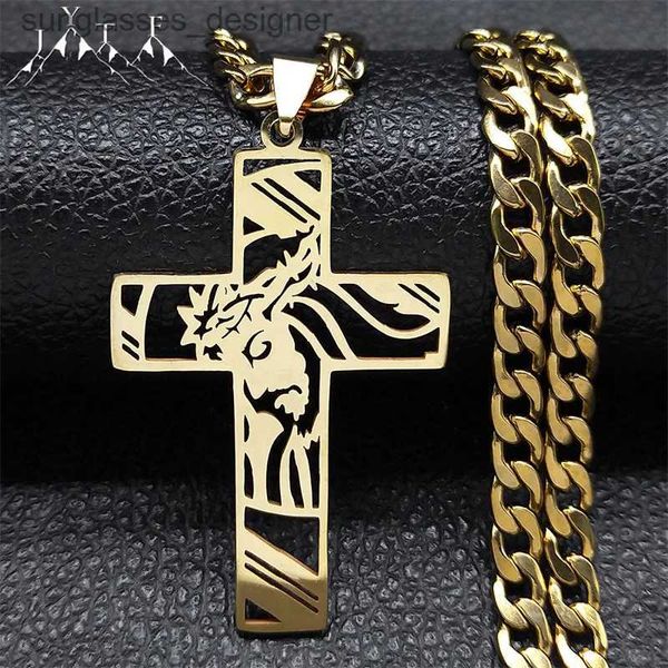 Colares pendentes Crown punk de espinhos Hip Hop Jesus colar cruzado para homens aço inoxidável Crucifix de ouro inoxidável colares pingentes de joias N8052L231222