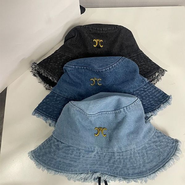 2024 Tasarımcı Denim Şapka Kova Şapkaları Erkek Kadınlar Geniş Sınır Güneş Koruma Şapkası Yaz Katlanabilir Yıkanmış Kova Şapkaları Sokak Moda Seyahat Seyahati Cap Cap Mektup C Balıkçı Şapkası