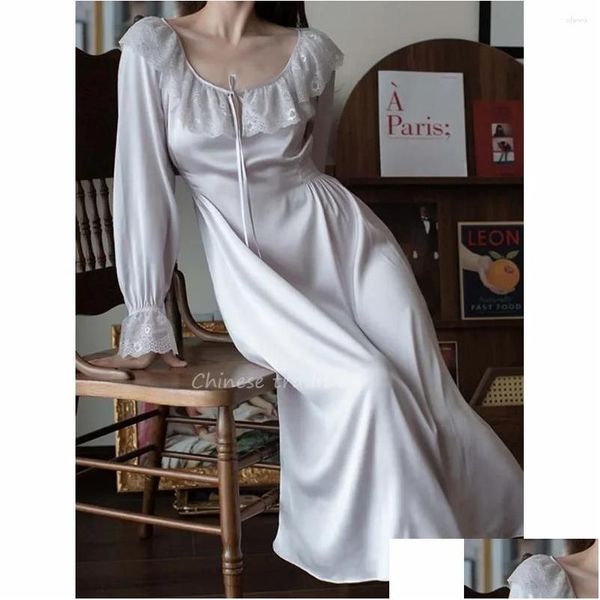 Sleeve de roupas de dormir para mulheres colarinho de pateta de pateta roxa cetim de cetim de cetim vintage elegante homedress femme lingerie long rayon dr dhzuj