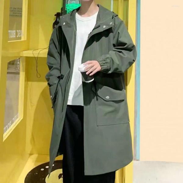 Herren Trench Coats Männer Streetwear mit Kapuze große Taschen winddichtes Design mit mittlerer Länge fester Farbe Reißverschluss für