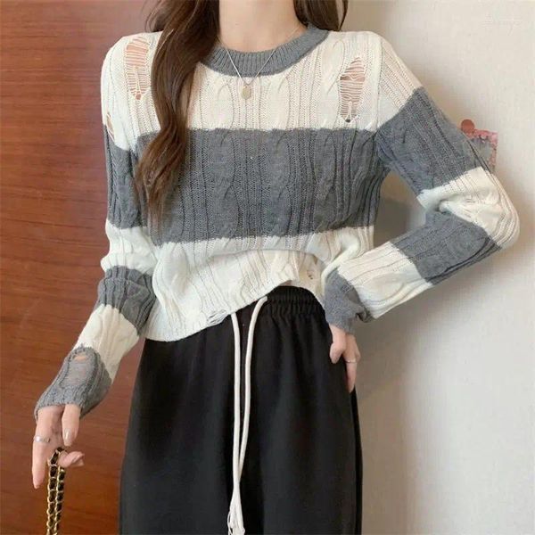 Женские свитера ленивый стиль с длинным рукавом дыра в трикотаж женщинам винтажные полосатые вязаные пулы