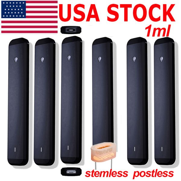 USA STOCK 1,0 ml Vape Pen Stemless Postless Thick Oil Carts Pods Leere Einweg-E-Zigaretten-Verdampfer Keramikspule Micro-USB wiederaufladbar 280 mAh Batterie D9 Stifte OEM