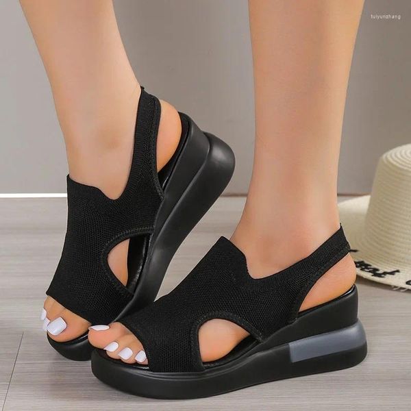 Sapatos de vestido para mulheres 2023 Peep Toe Sandals feminino Summer Wedge Fish Boca de tecido elástico casual