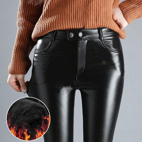 Frauenhose Schwarze Kunstleder Hose hohe Taille dicke Fleece Bleistift PU Ladies Herbst Winter 2023 Skinny Hosen