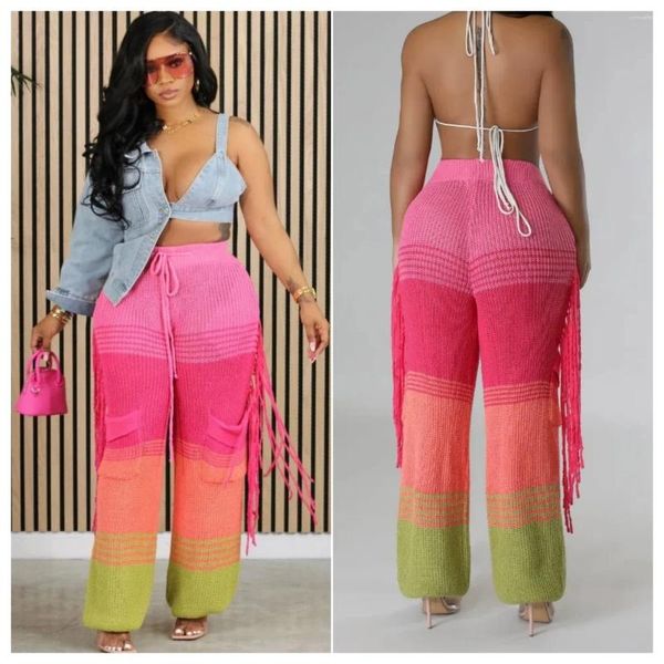 Calça feminina cor de retalhos de retalhos de malha de malha de crochê de crochê alta cintura alta as calças de suéter de suéter solto com calça de streetwear