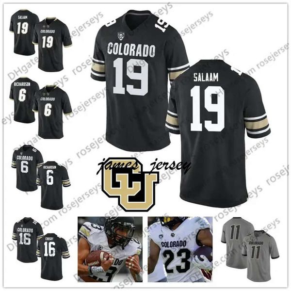 JAM NCAA Colorado Buffaloes #19 Rashaan Salaam 16 Mason Crosby 6 Paul Richardson 9 Juwann Winfree Black Grey White Refleed Maglie da calcio in pensione 4xl