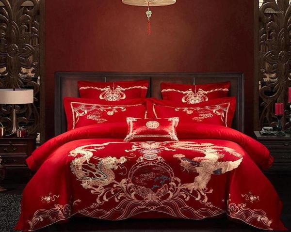 Set di biancheria da letto di nozze tradizionale cinese Set di cotone 4 pezzi King Queen size Double Happiness Dragon Longfeng Phoenix16916326