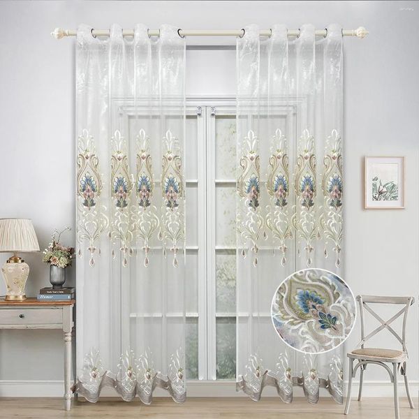 Vorhang 1pc Europa Beige Stickerei schiere für Wohnzimmer Samt Welle unten Voile Fenster Drape benutzerdefinierte Heimdekoration #e