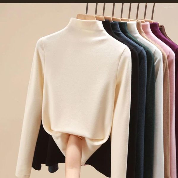 Женские свитера 2024 Осенняя зимняя женщина с теплым пуловером Сплошной цвет большой топы бархат наполовину высокая шея рубашка негабаритные девушки