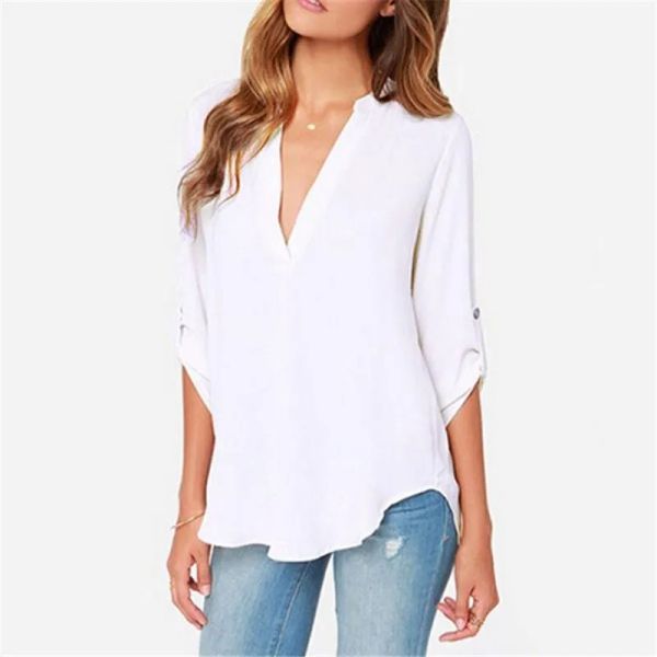 Nuove donne della moda a manica lunga chiffon v -collo maglietta a collo autunno lavoro tops casual tee femminile