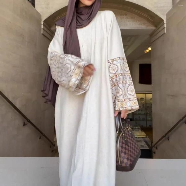 Roupas étnicas muçulmanas abaya for women 2023 impressão de outono estilo boêmio mangas bolhas algodão solto e saia longa Ramadã