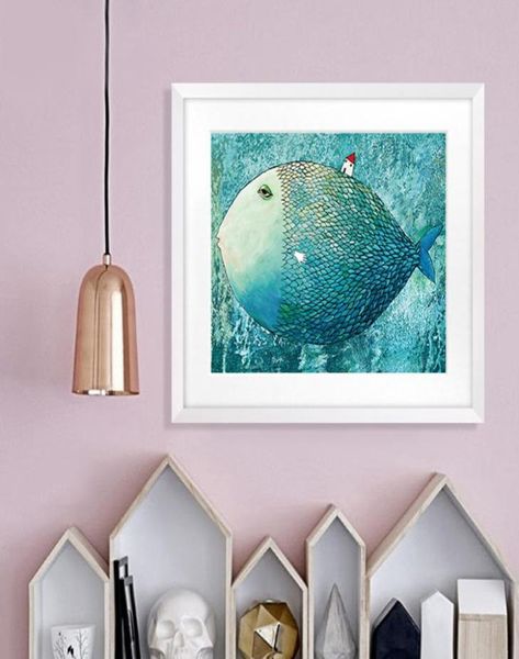 Kawaii Animal Big Fish House Small House Modern Nordic Cartoon Cuidados Crianças de Arte da parede Pintura Child Baby Room sem quadro1191040