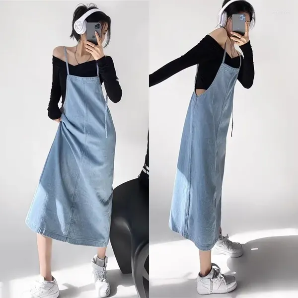 Lässige Kleider Frauen ärmelloses Riemen Denim Hosentender Kleid weibliche blaue sexy sexy klebere einfache modische slim fit slash hals