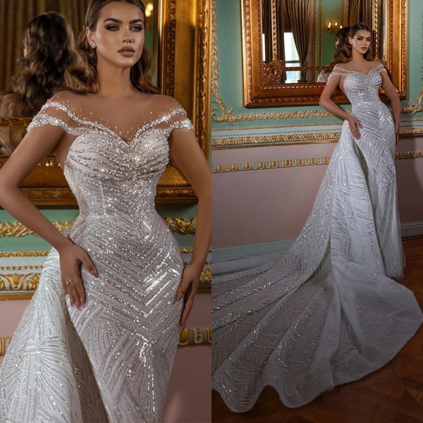 Vestido de noiva de sereia de ilusão sexy lantejoulas brilhantes fora dos ombros vestidos de noiva de luxo vestidos de noiva personalizados com trem destacável