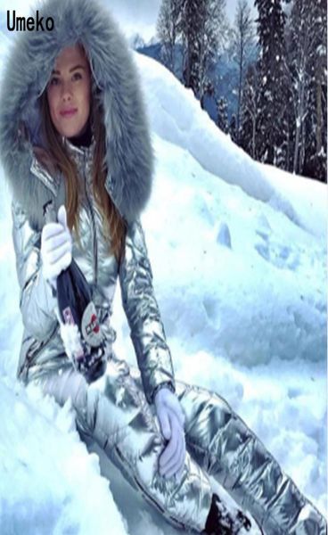 UMEKO Fashion Winter Capuzes macacões parka algodão acolchoado sashes quente terno de esqui zíper reto de uma peça feminino