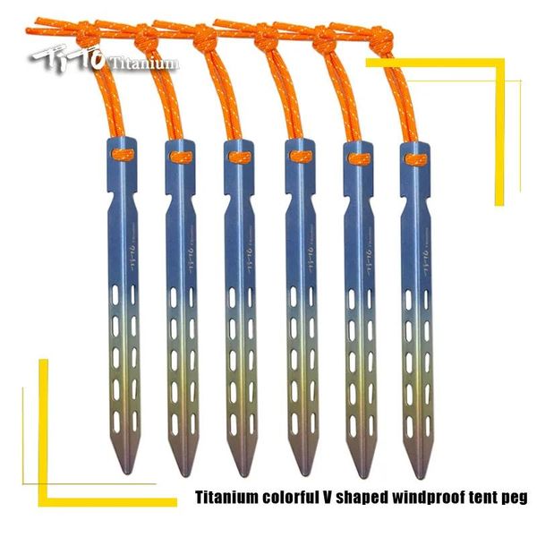 Abrigos Tito Titanium Tent Store 6pcs/lotes coloridos em forma de acampamento ao ar livre em forma de vento V unha com corda adequada para terra macia