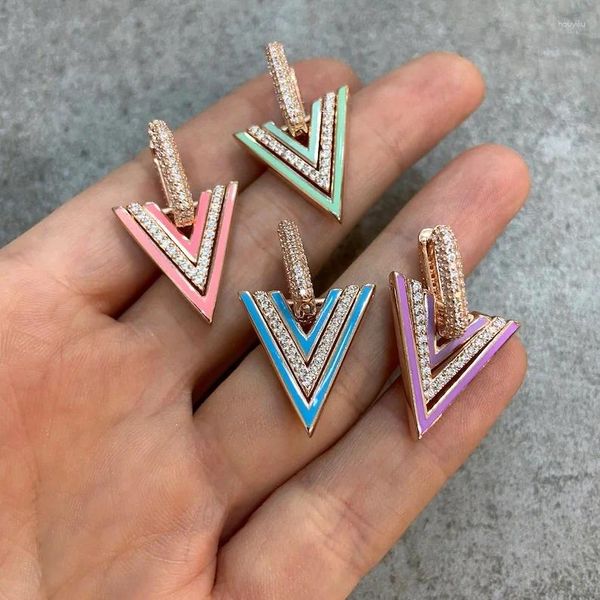 Dangle Küpe Geometrik Üçgen Cazibesi Küpe Pastel Emaye Gül Gold Renk Pave 5A CZ Modaya Modeli Kadın Mücevherat