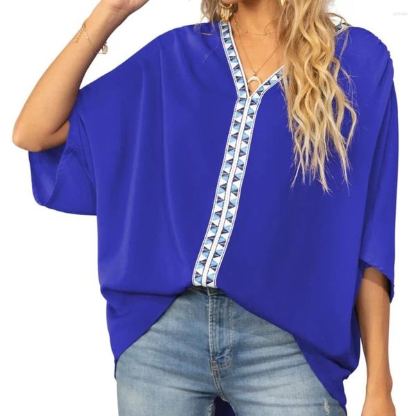 Frauenblusen Sommer Chiffon Solid lose Hemdtife Fledermaushülle gegen Nacken Patchwork Pullovers Casual Mode Bluse für Frauen Femme Blusas