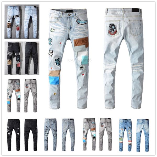 Skinny 40 Off ~ Jeans masculinos 2023 mensagens retas Slim Ripped Jeans Men Fashion Street Wear Motorcycle Biker Jean Tamanho 28-40purple Designer Stack