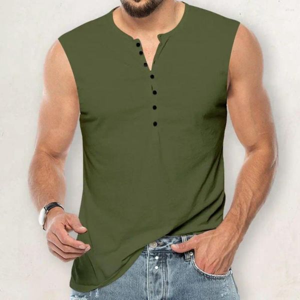 Herren T-Shirts Männer Sommer V-Ausschnitt ärmellose Weste Tops Knöpfe Ausschnitt Lose Fit Feste Farbe Pullover T-Shirt Streetwear
