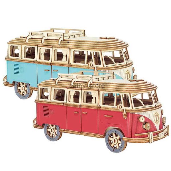 Puzzle 3D Fai da te Manuale Modello di assemblaggio Auto in legno Retro Bus Puzzle 3D Camper Van Giocattoli educativi per bambini Regalo Decorazione della stanza di casaL231223
