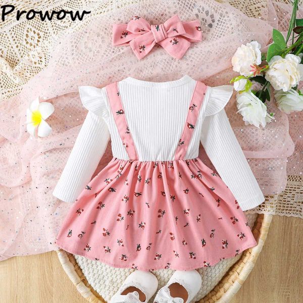 Vestidos de menina prowow 3-24m outono inverno crianças vestidos de bebê para meninas faux-two bowknot rosa Vestido de festa floral+banda de cabeça newbron bebê menina varall231222