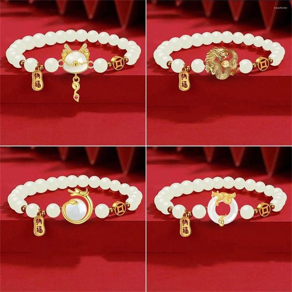 Zauberbänder Chinesische Stil Zodiac Dragon für Frauen Nachahmung Weißer Jade Viel Glück Tier Armband Amulett Reichtum Jahr Juwely