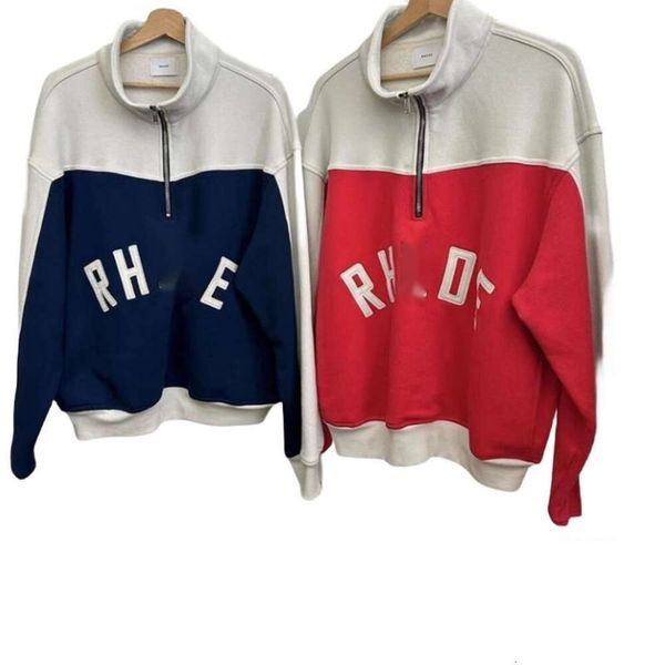 Rhude Hoodie Дизайнерская модная мужская мужская кофта High Street RHUDE Половина молнии Дизайн вышивки Сращивание Свободный свитер со стоячим воротником Повседневный пуловер