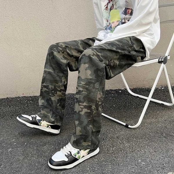 Jeans masculinos Camo Baggy Jeans Pure Cotton Fashion Tubo reto calças soltas Clonees de jeans de pistas masculinas personalizadas J231222