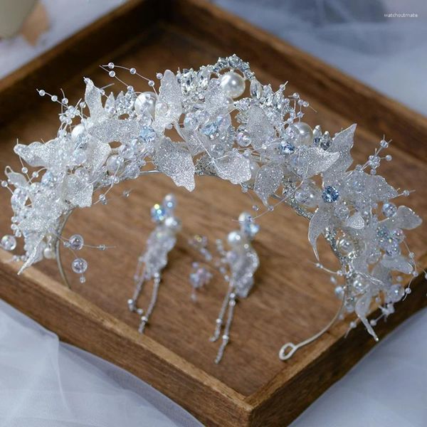 Clipes de cabelo noivos coreanos de flores brancas tiaras de tiaras conjuntos de pérolas de cristal nupcial