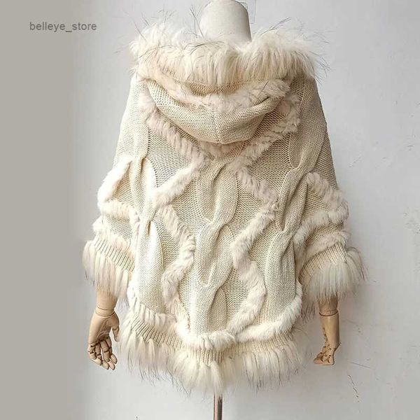 Schals Frauen Winter Lose Warme Gestrickte Poncho Mit Echten Waschbären Pelz Streifen Weibliche 2023 Neue Mit Kapuze Ponchos CapeL231223