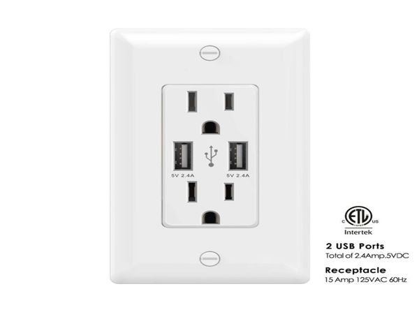 AIAWISS AWUS004 Smart Dual USB Charger Outlet 24A12W UltraHighSpeed2 Receptáculos 15A125V Scoketwhite de parede USB Black9572030