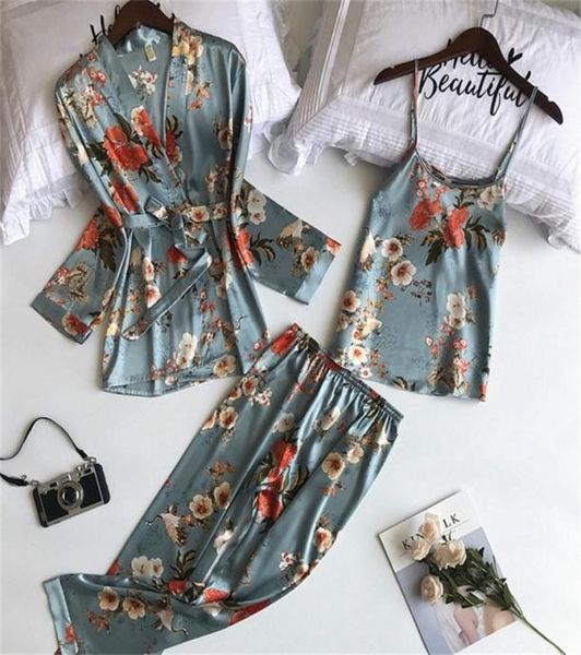 Daeyard da 3 pezzi Silk Pigyma Stampa Nightwear Nightwear Pijama Abito da casa Women Sexy Lingerie Pajama Bride Robe Satin Kimono Floral Robe T8710308