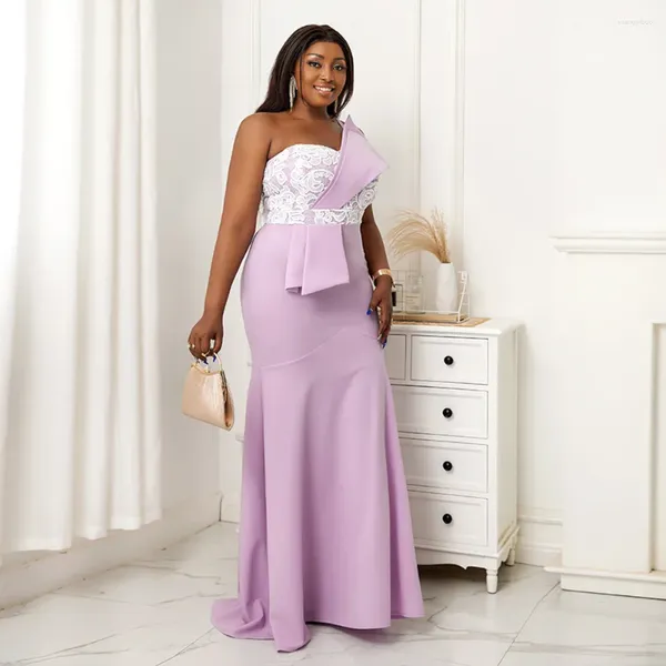 Lässige Kleider hellviolett trägerloses Kleid sexy ärmellose hohe taillierte lange elegante ein Linie Hals Frauen Spitze