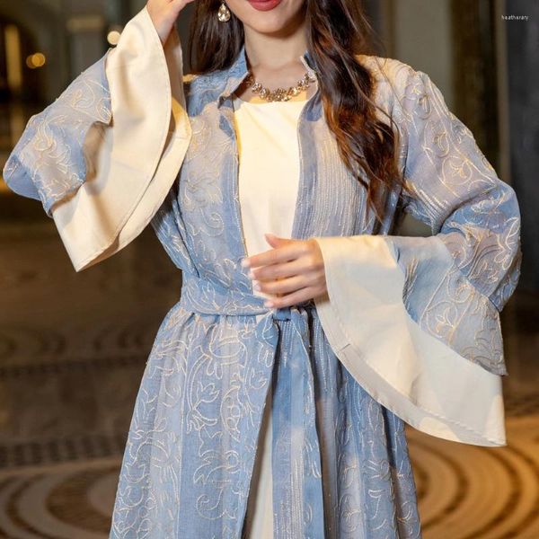 Ethnische Kleidung 2 Stück Abaya Set Layered Sleeves Stickerei Offene ärmellose Slip Rüste Boden Innenkleider für Abend Abayas