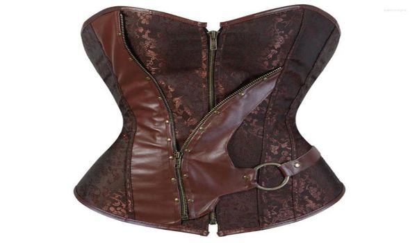 Bustiers Corsets Plus размер стимпанк корсет готический панк -коричневый переоборудован кожаный корс корс на молнии баск