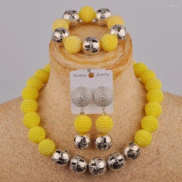 Серьги ожерелья установите классический африканский модный аксессуар для невесты желтый имитация жемчужина Нигерия Свадебные украшения XK-06