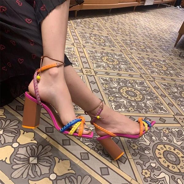 Scarpe eleganti di grandi dimensioni 42 tacchi alti quadrati da donna spunta colori miscelati cinghie cross -tallone sandali aperti cavo