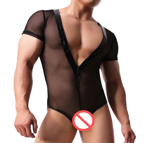 Sexy Men039s Nylon Black Mesh Wrestling Singlet Bikini Suspender Suspender Sexy Bodysuit Teddies Roupa Transparente Breathabl4293942