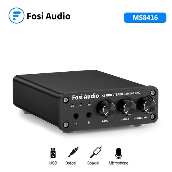 Mixer Fosi Audio K5 Mini Stereo Gaming DAC -Kopfhörerverstärker mit Mikrofon USB -Audio -Konverter Bass Treble für Powered Lautsprecher