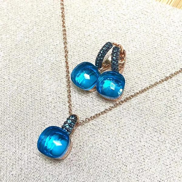 Halskette Ohrringe Set 10,6 mm Nudo Inlay Blue Zirkon mit schwarzer pistolierter quadratischer Süßigkeiten Kristall Mode Schmuck