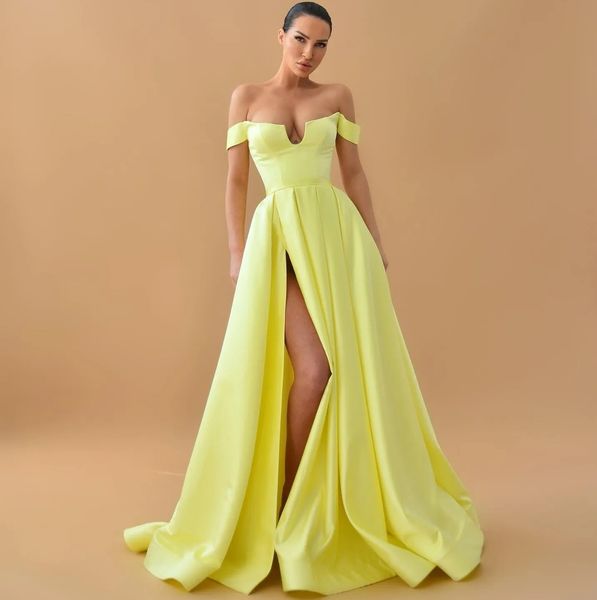 Элегантное линия желтое вечернее платье 2024 от плечевых складки.