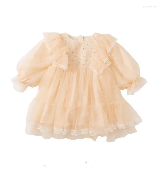 Mädchen Kleider Mädchen Autumn Kinder Kleidung Prinzessin Kleid Spitze Laternenhülle Kleidung Ballkleid Beige 2-6T