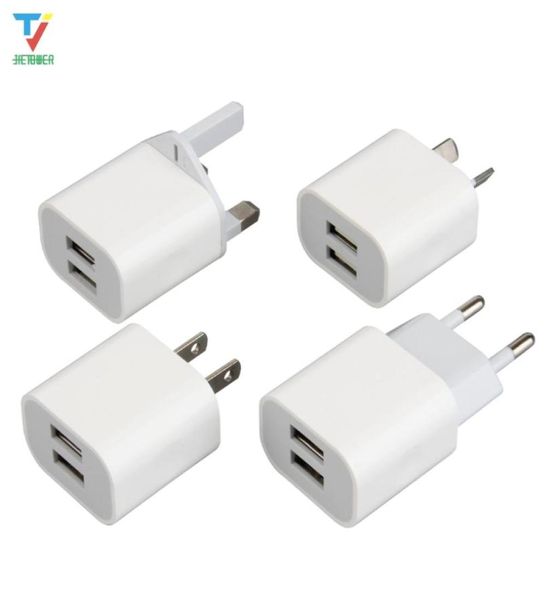 30pcs New Design White 2 Ports 2USB Dual USB -Mobiltelefon Ladegerät 5V 2A EU US AU UK Stecker Wall -Leistungsadapter für iPhone Samsung HTC5860864